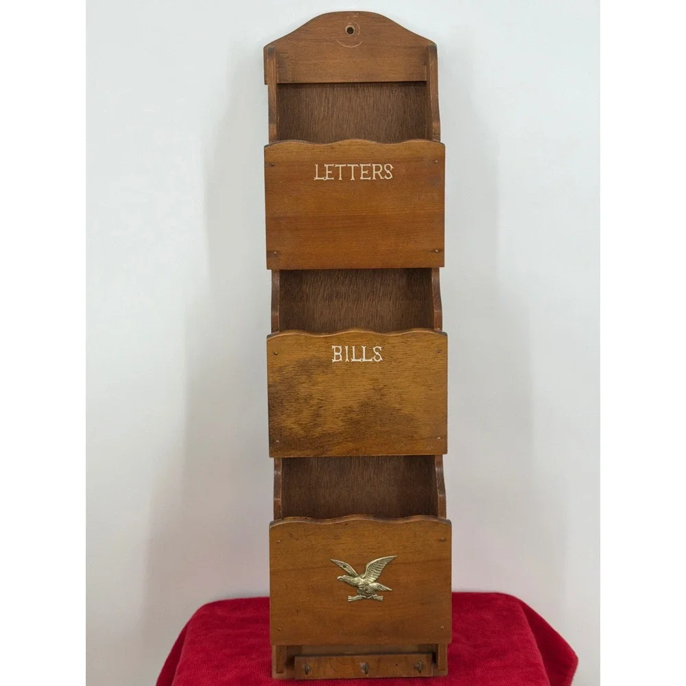 Vintage Wood Wall Letter Bill Organizer Key Holder Brass Eagle Americana MCM